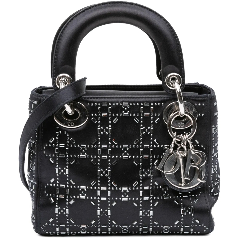 Christian Dior Schultertasche Mini Satin Cannage Strass Crystal Embellished Lady schwarz
