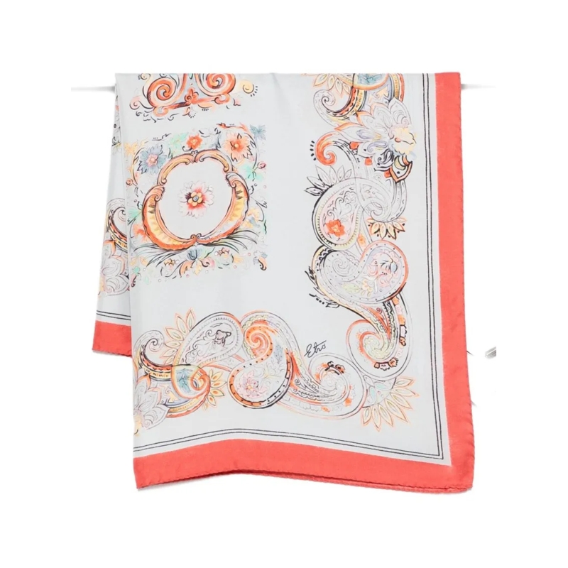 Etro Écharpe légère Paisley Silk Scarf With Coral Border White