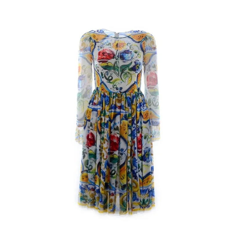 Dolce&Gabbana Midi-jurk Silk Maiolica Dress With Intricate Floral Print Multicolor