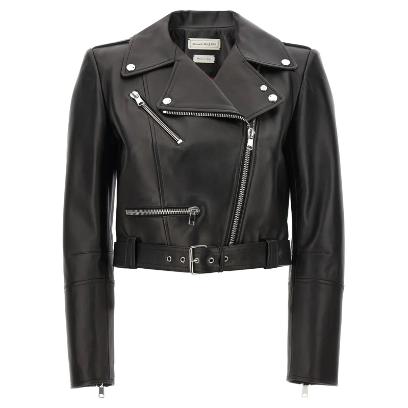 Alexander McQueen Veste en cuir Cropped Leather Jacket With Off-Center Zip Closure Black