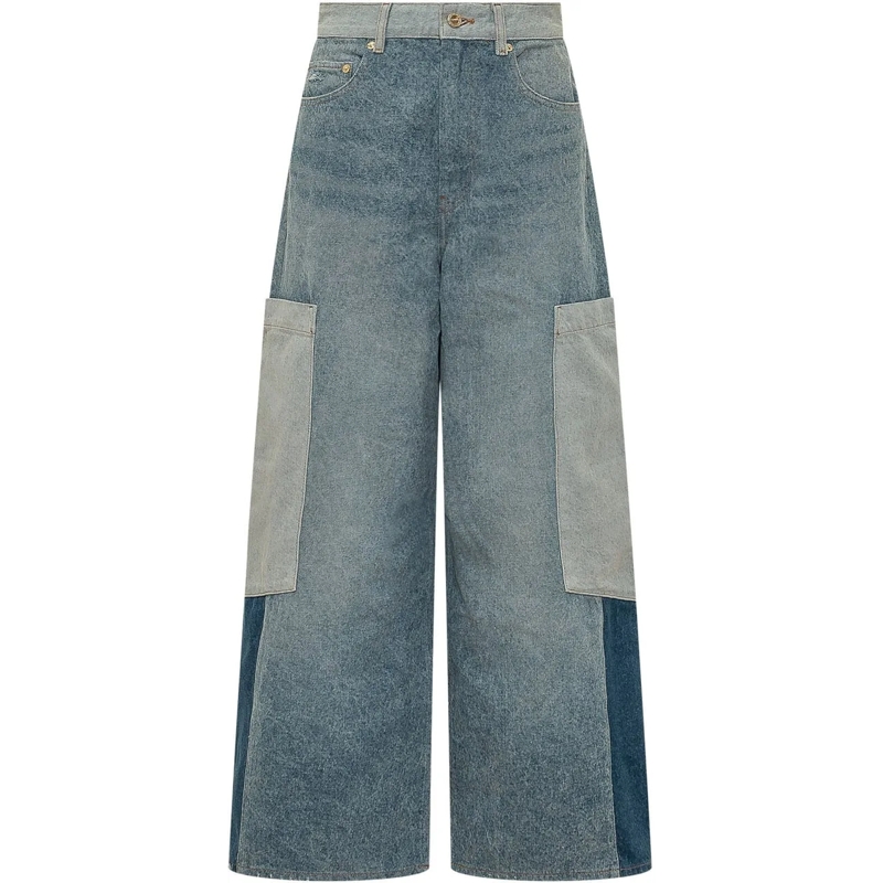 GANNI Boyfriend-Jeans Jeans Cargo Patchwork a Gamba Ampia blau