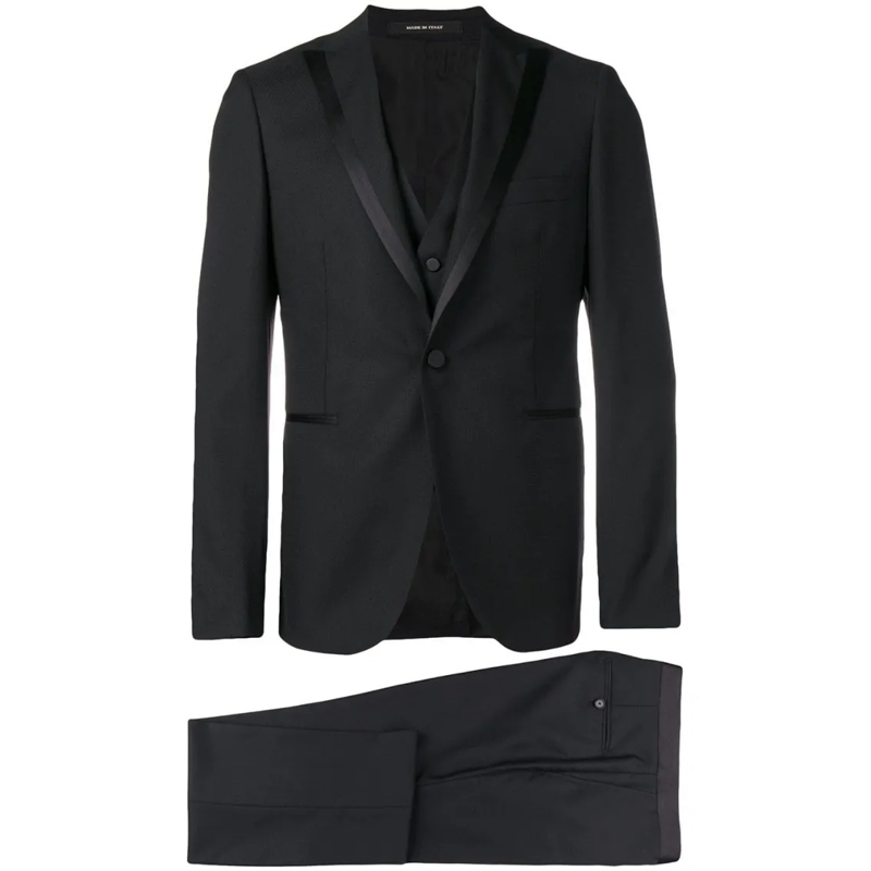 Tagliatore Anzugkombination Three-Piece Black Suit With Pointed Satin Lapel Black