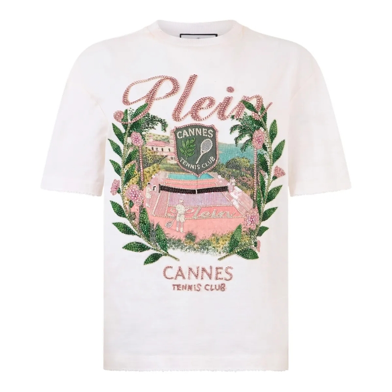 Philipp Plein T-Shirt Washed Man Fit T-Shirt Cannes Tennis Club weiss