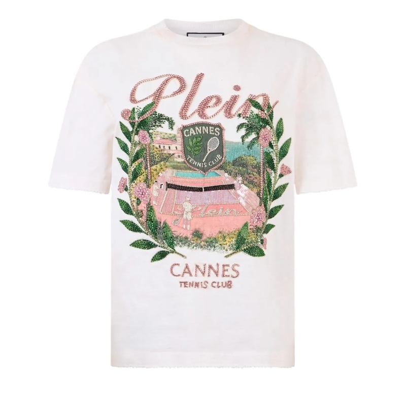 Philipp Plein T-Shirt Washed Man Fit T-Shirt Cannes Tennis Club weiss