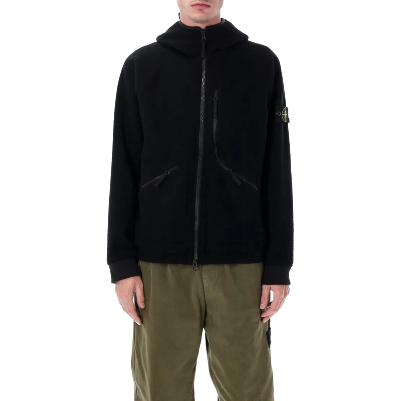 Stone Island Donsjas Hooded Jacket In Ratteened Wool Nylon Black