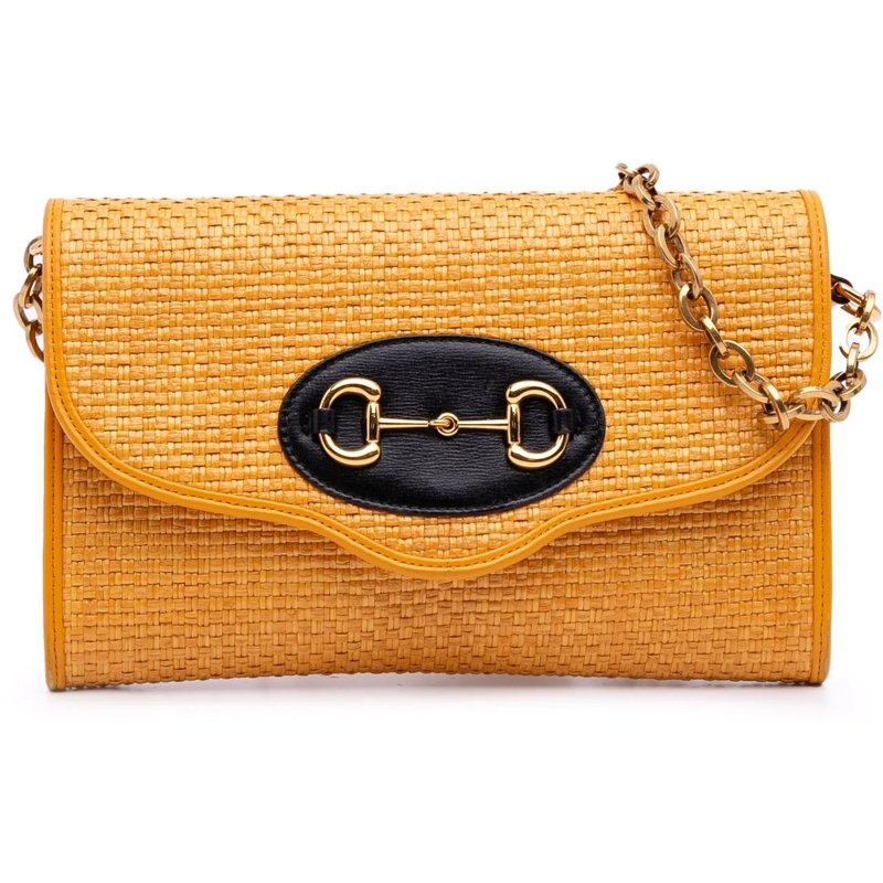 Gucci Schultertasche Raffia Horsebit 1955 Chain Crossbody gelb