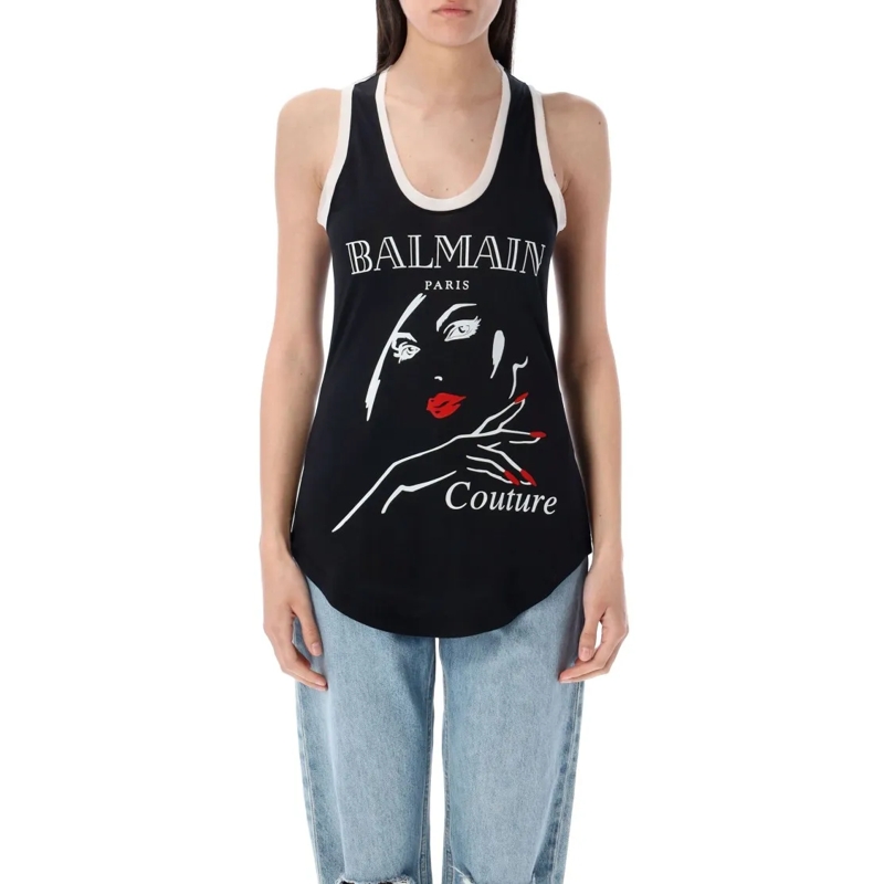 Balmain Bluse Beauty Print Tank Top With Flocked Graphic And Chi Black