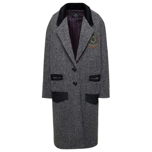 Etro Grey Single-Breasted Coat With Embroidered Crest I Grey 