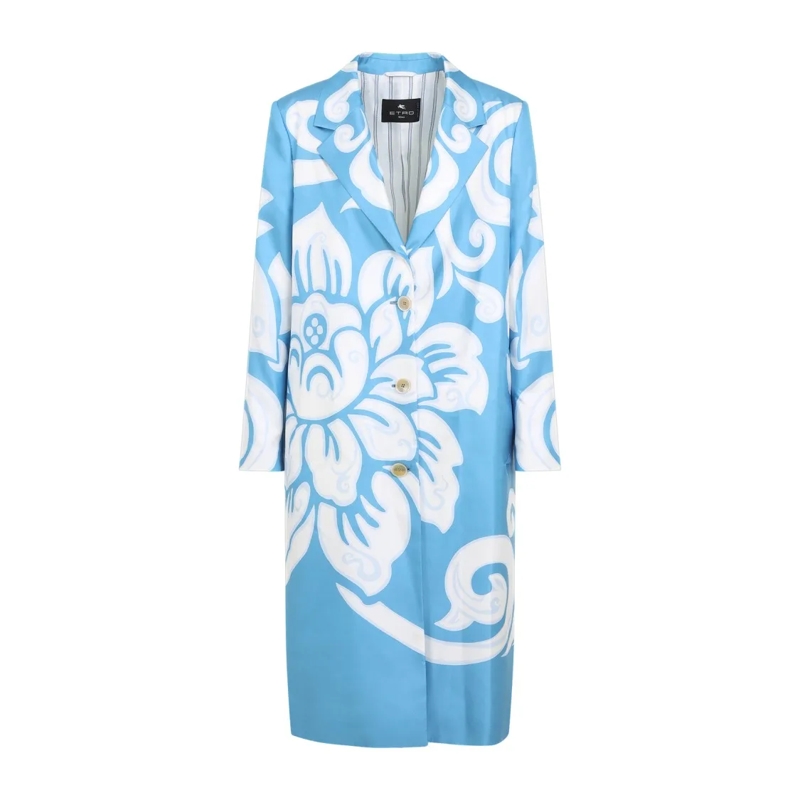 Etro Übergangsmantel Blue Silk Floral Pattern Coat Blue