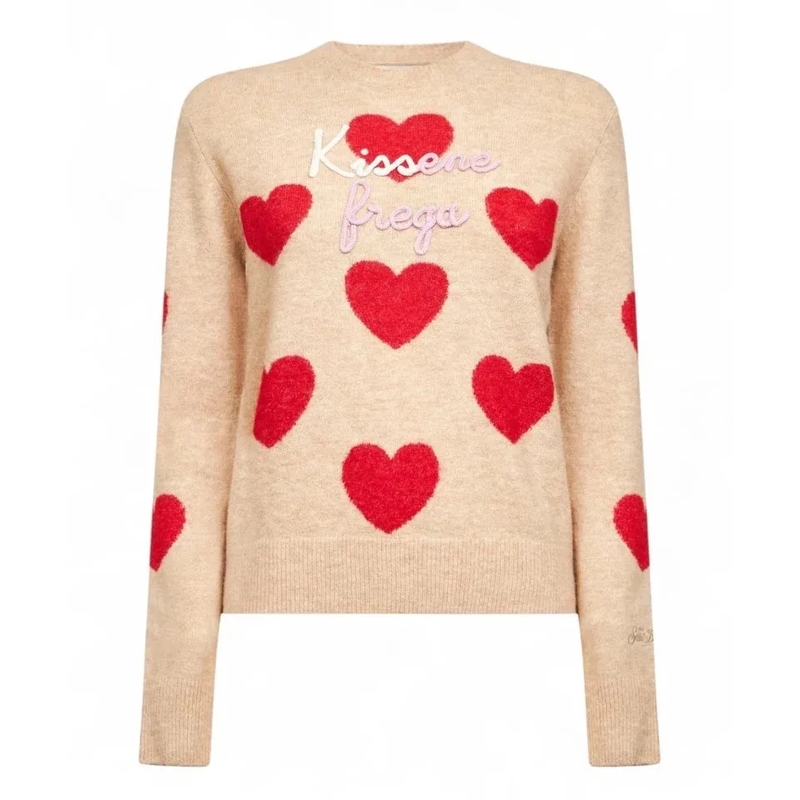Mc2 Saint Barth Trui Beige Alpaca Sweater With Heart Motifs Neutrals