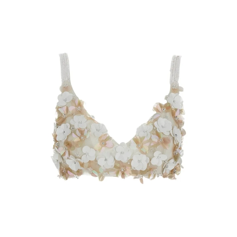 P.A.R.O.S.H. Chemisier Floral Sequin Embellished Bandeau Top With Shoulde White