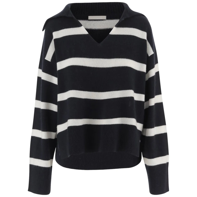 Allude Pullover V-Neck Cashmere Sweater With Classic Stripes Black