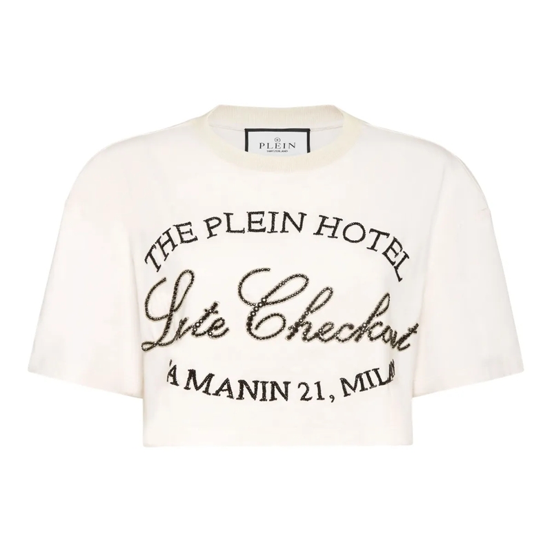 Philipp Plein Top T-Shirt Rundhalsausschnitt Ls Crystal Verziert weiss