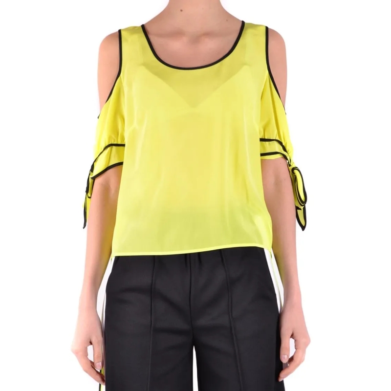 Pinko Bluse Cold-Shoulder Yellow Silk Top With Bow-Tied Sleeve Yellow