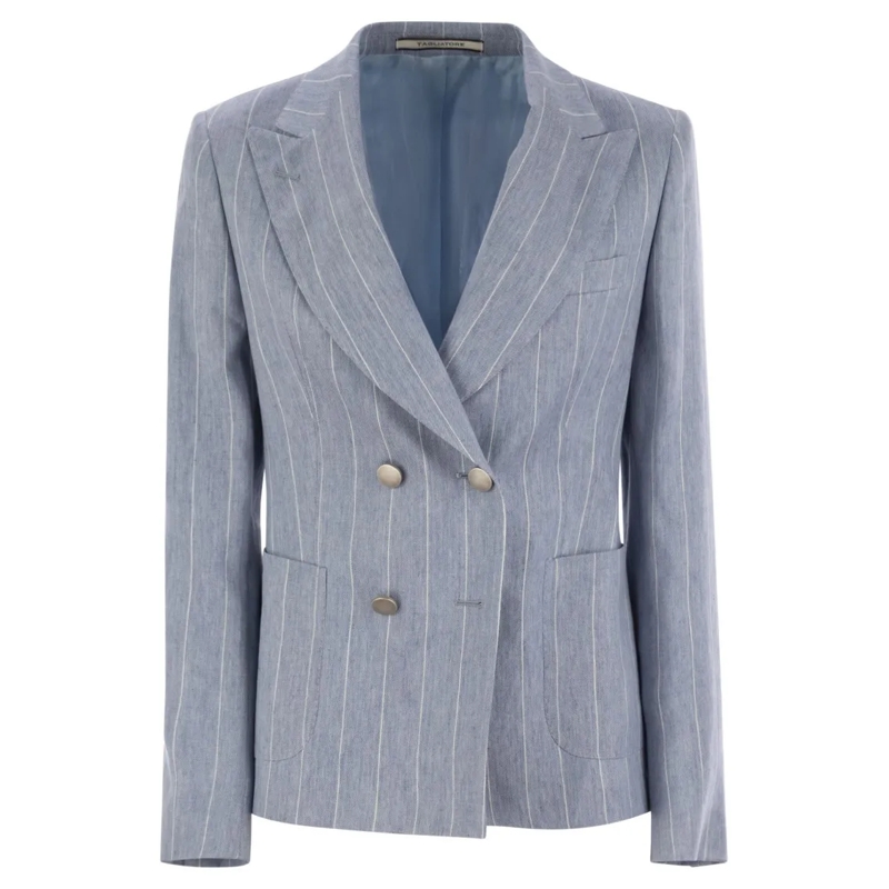 Tagliatore Blazer Linen And Cotton Double-Breasted Pinstripe Blazer Blue