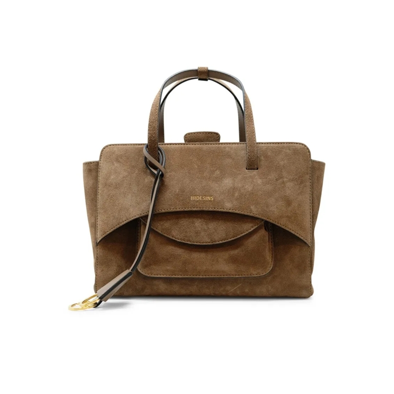 Hidesins Sac à bandoulière Medium Suede Handbag With Flap Closure And Gold Ac Brown