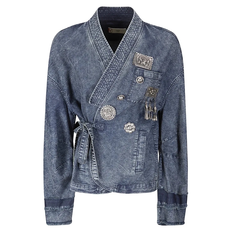 Hui Spijkerjasje Chinese-Style Denim Jacket With Structured Silhoue Grey