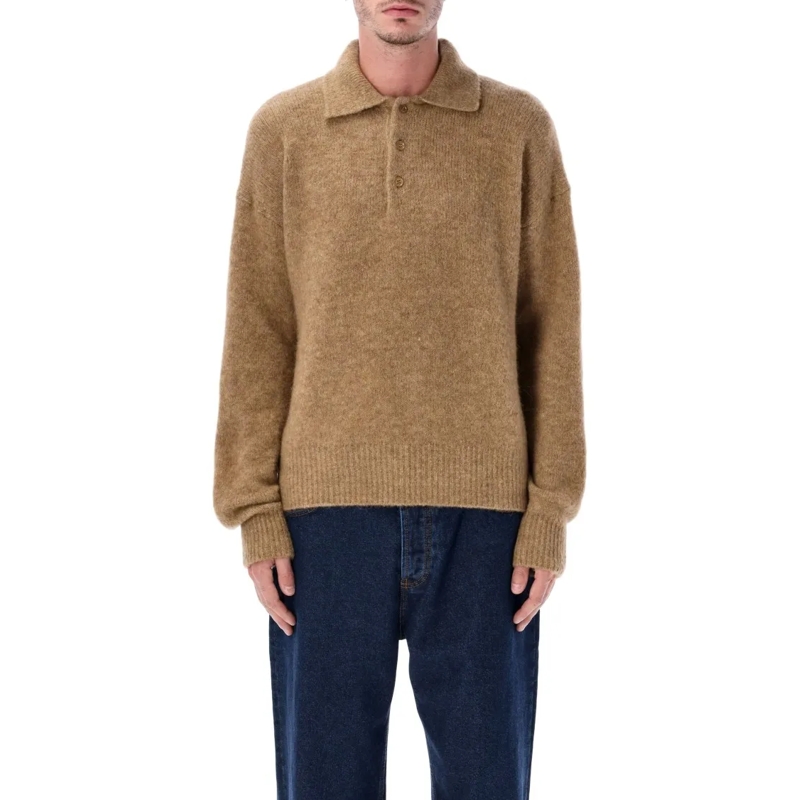 AMI Paris Trui Grey Wool And Alpaca Polo Sweater Brown