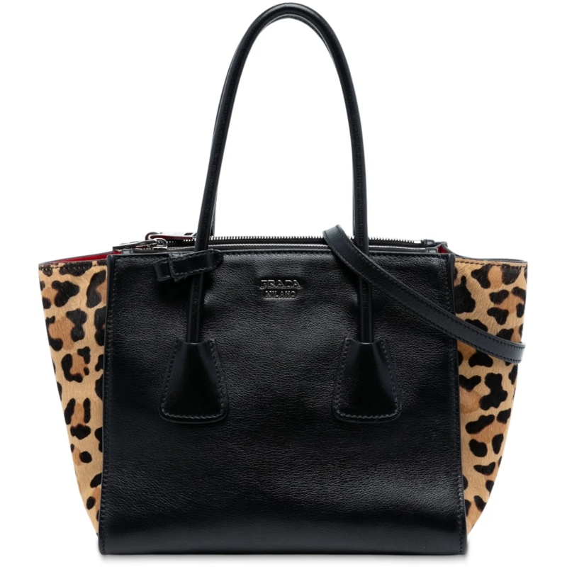 Prada Schultertasche Glace Calf Ponyhair Twin Pocket Satchel schwarz