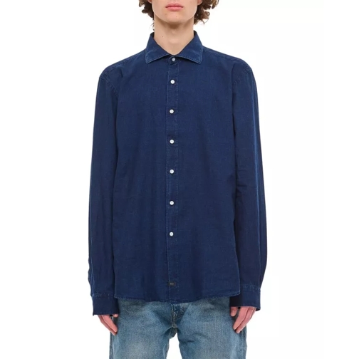 Fay Washed French Neck Shirt Blue 