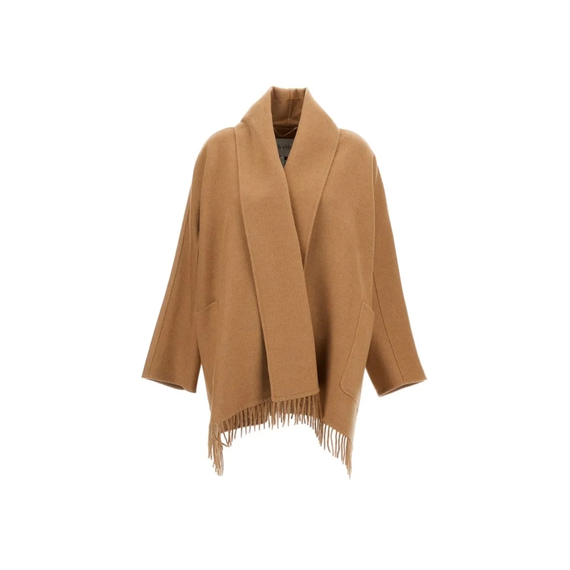 Max Mara Manteau d'hiver Short Camel Hair Cardigan Coat With Fringed Hem Brown