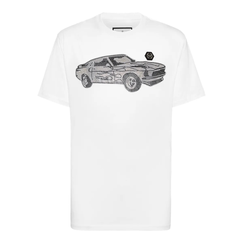 Philipp Plein T-Shirt T-Shirt Racing Mit Schmucksteinen weiss