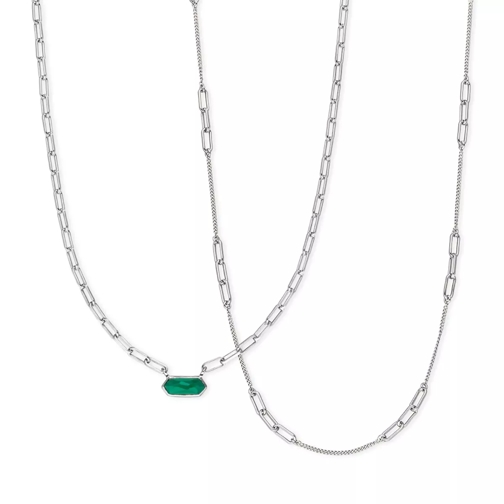 Leaf Necklace Set Cube, green Agate, silver rhodium pla Green Agate Short Necklace