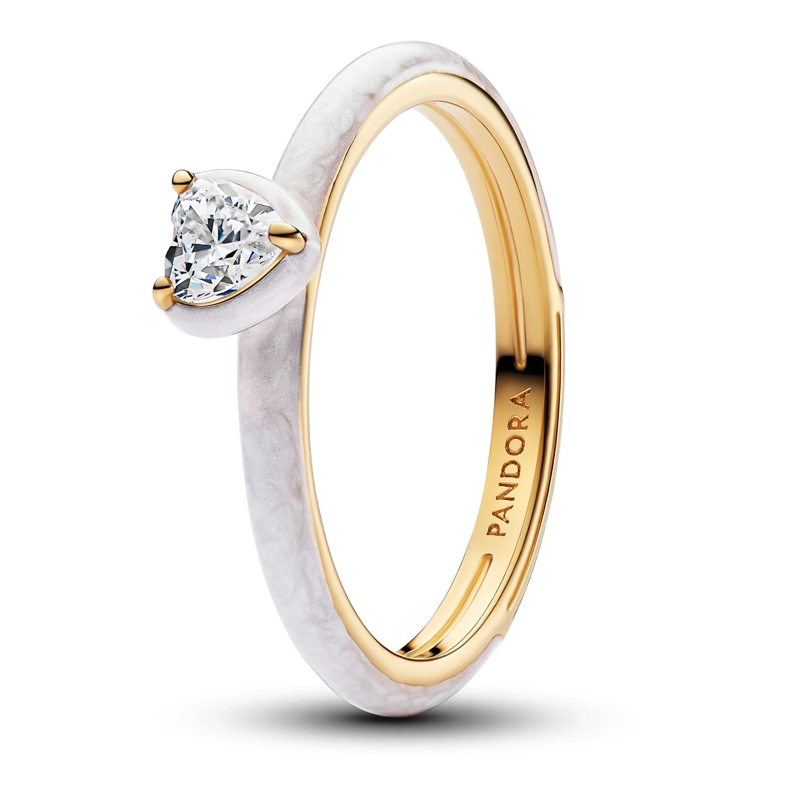 Pandora Solitärring Weißes Chakra Herz Ring 14 Karat Gold