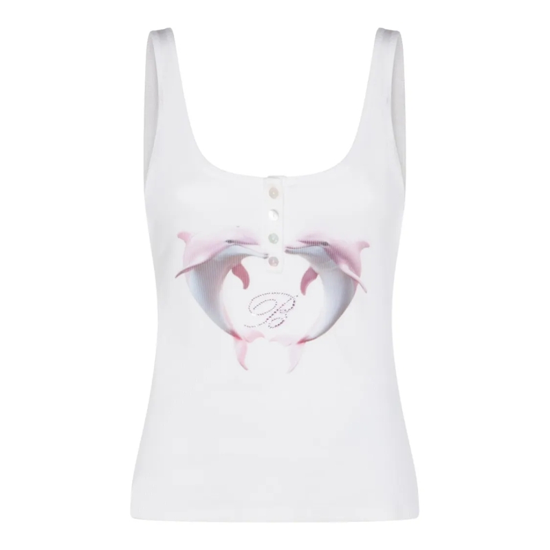 Blumarine Bluse White Cotton Tank With Dolphin Heart Graphic White