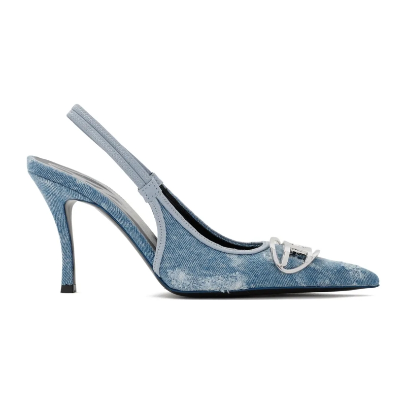 Diesel Pumps Distressed Denim Look Pointed-Toe Pumps With Silve Blue