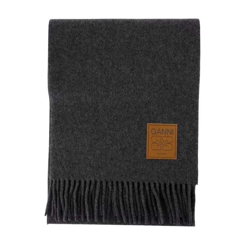 GANNI Écharpe légère Double-Faced Wool Scarf With Fringed Ends Grey