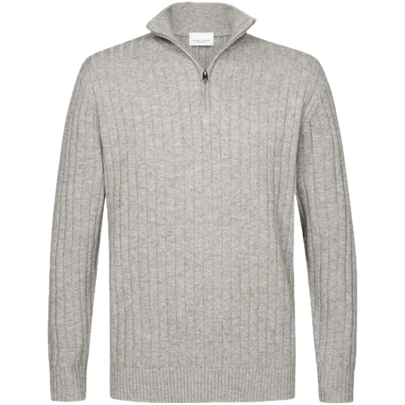 PROFUOMO Pullover Grijze wol blend rib half zip grau