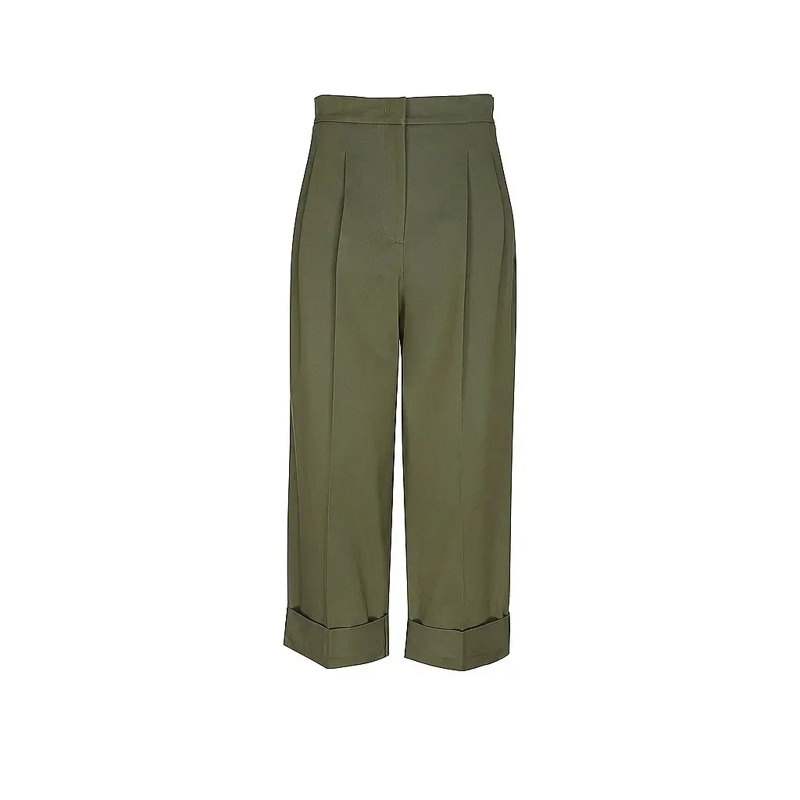 Max Mara  Cropped Olive Green Pants With Pleated Front Green