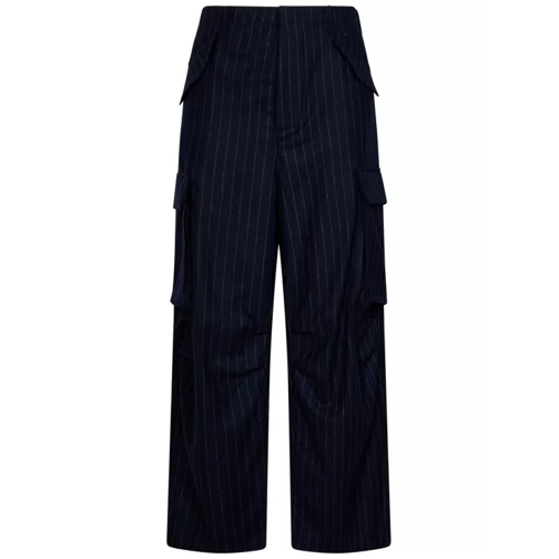 Laneus Navy Blue Pinstripe Wool Blend Cargo Trousers Black 