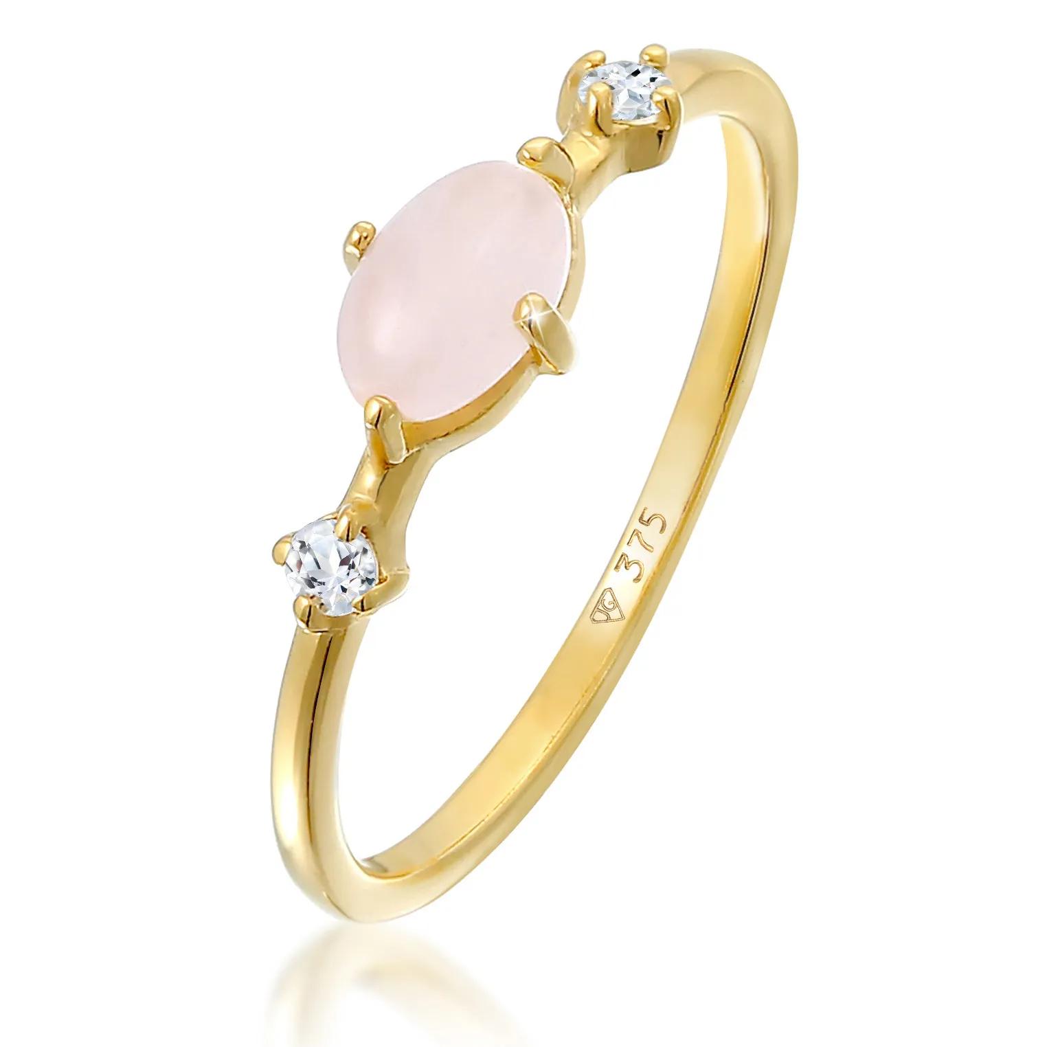 Elli Ringe - Ring Rosa Quarz Topas Edelstein Klassik 375er Gelb - Gr. 52 MM - in Gold - für Damen