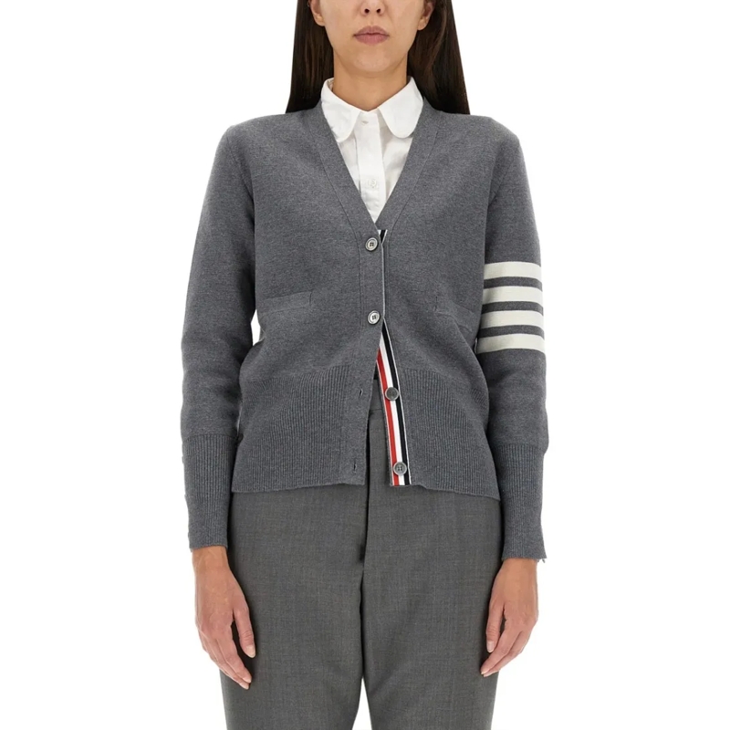 Thom Browne Cardigan Fitted V-Neck Cardigan With Striped Detail Grey