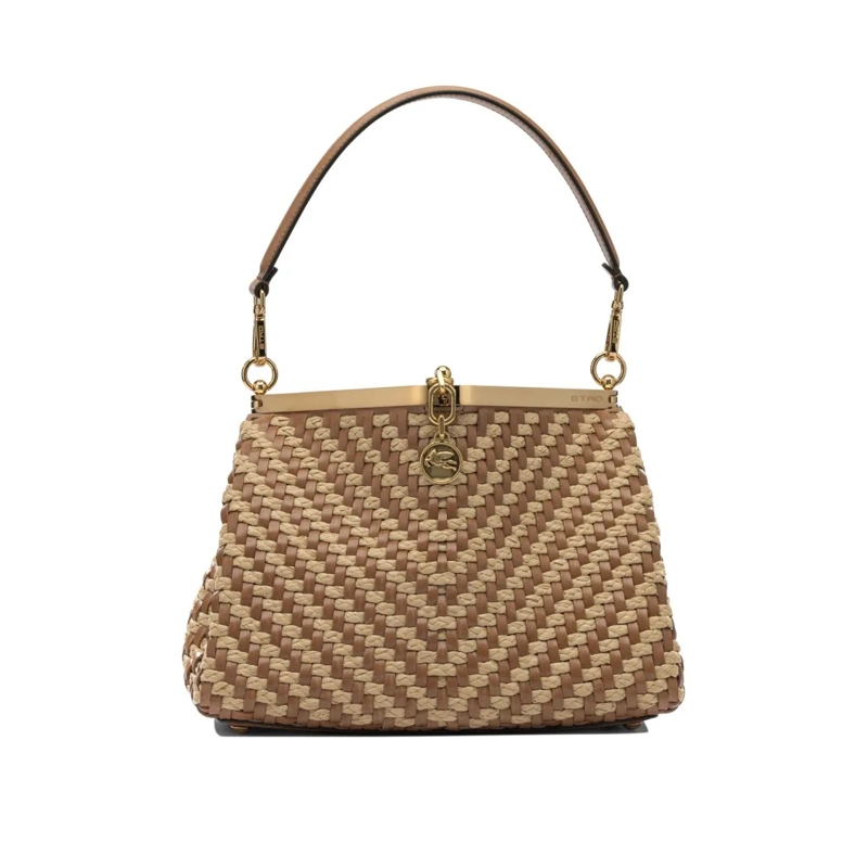 Etro Schultertasche Trapezoidal Woven Raffia And Leather Shoulder Bag Brown