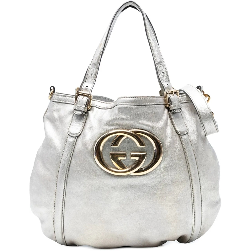 Gucci Schultertasche Medium Metallic Calfskin Web Britt Satchel silber