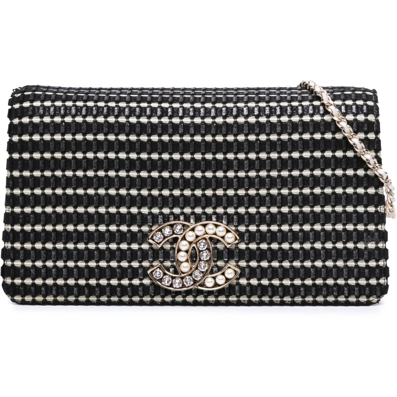 Chanel Sac à bandoulière CC Bicolor Woven Lambskin Crystal Pearl Flap schwarz