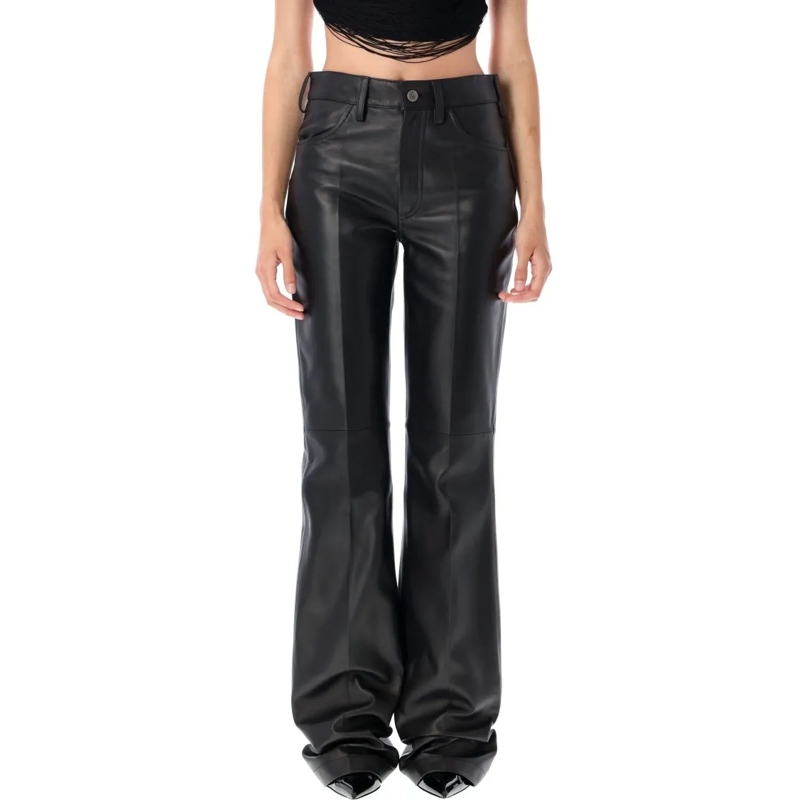 The Attico Leren Broek Straight Leg Black Lamb Leather Pants Black