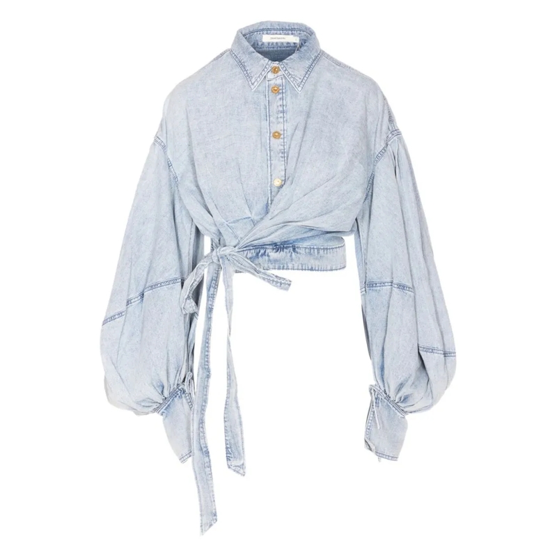 Zimmermann Hemd Cropped Clear Blue Top With Balloon Sleeves White