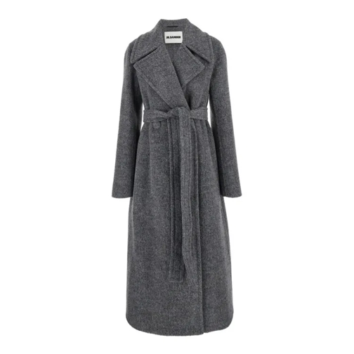 Jil Sander Long Grey Coat With Belt In Wool Blend Grey 