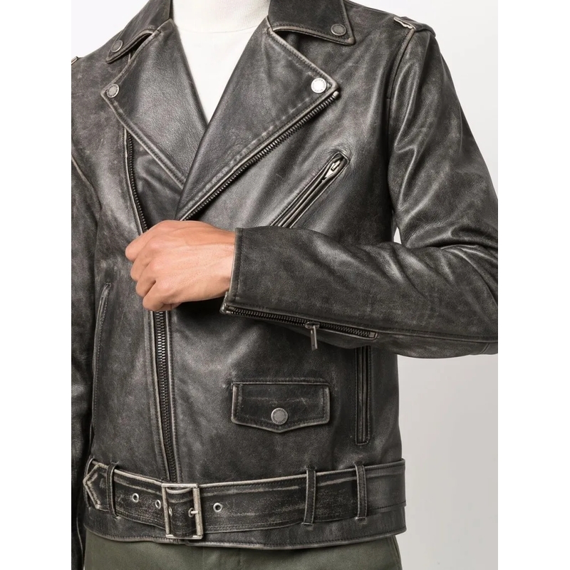 Golden Goose Lederjacke Golden Chiodo Distressed Bull Leather Jacket Grey(Image 3)