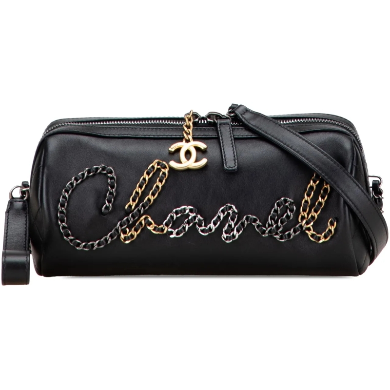 Chanel Schultertasche Calfskin Signature Chain Signe Bowling Bag schwarz