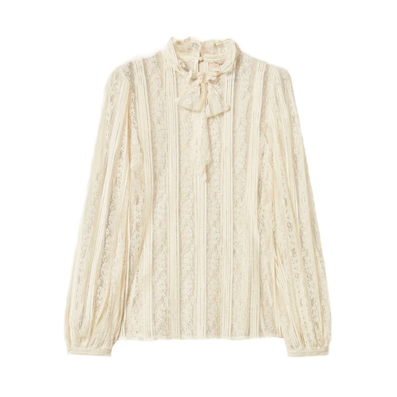 Twin-Set Blouse Sheer Lace Panel Blouse With Ruffled Collar And Bo Neutrals