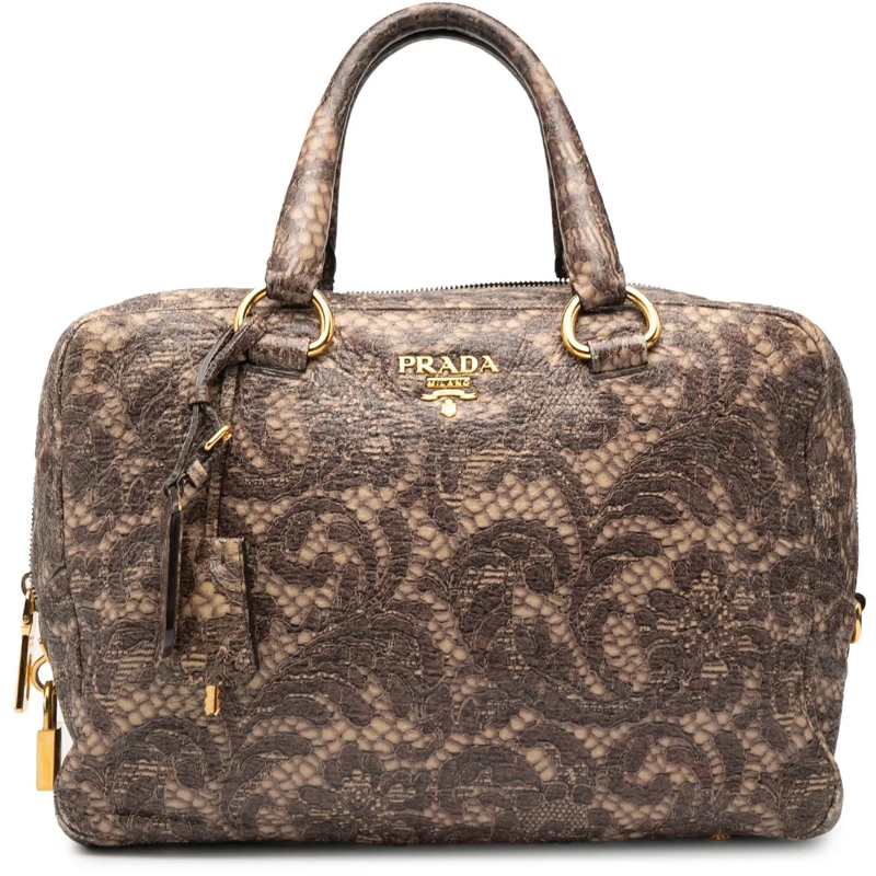Prada Tote Cervo Lux Lace Print Bauletto Handbag braun