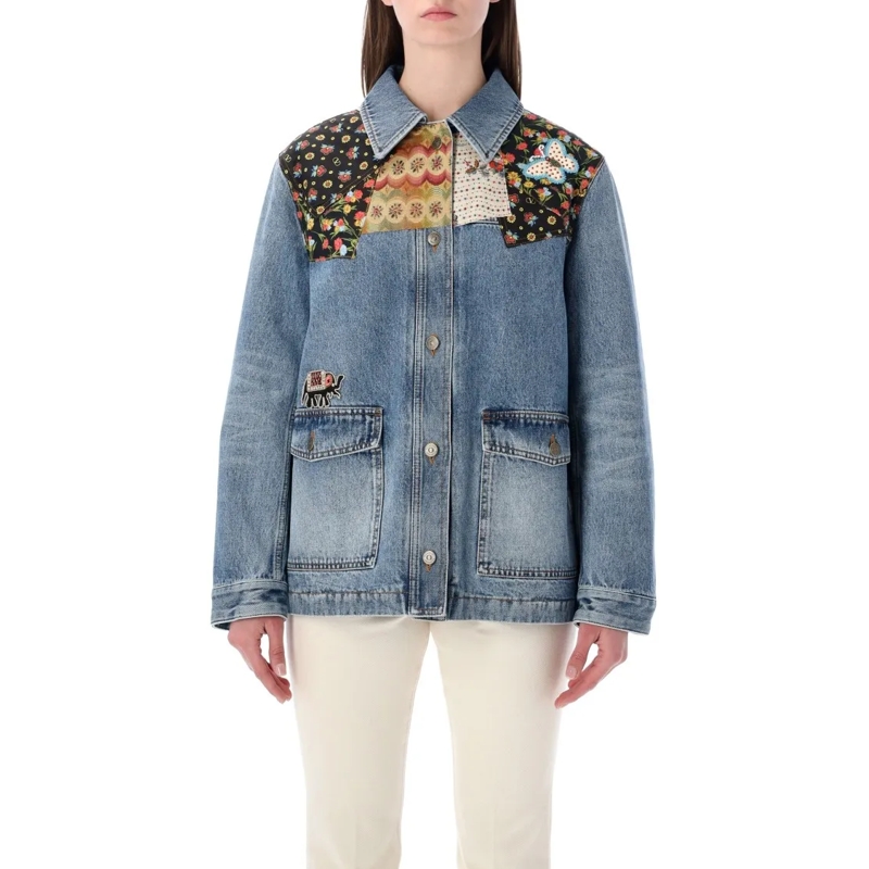 Valentino Garavani Veste en jean Patchwork Denim Jacket With Embroidered Floral And Grey