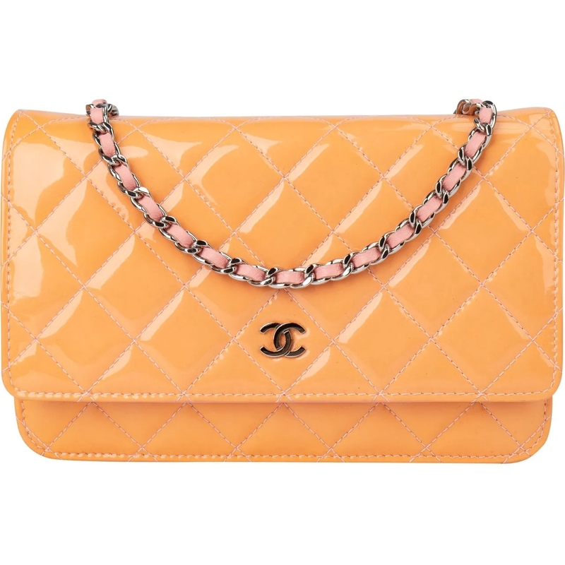 Chanel Tote Chanel Quilted Patent Leather CC Wallet On Chain C orange
