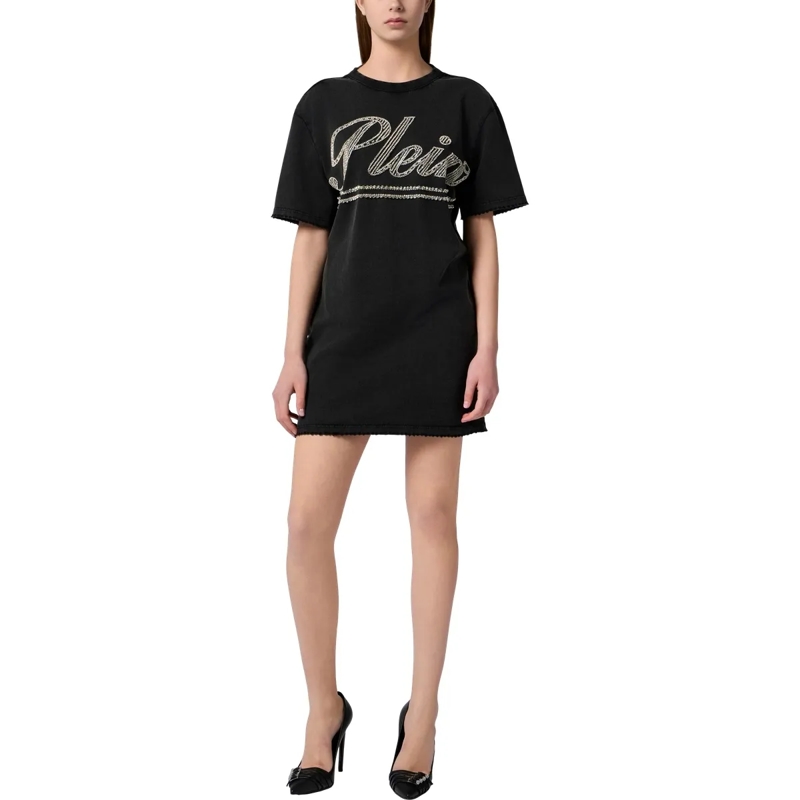 Philipp Plein Midikleid Open Back T-Shirt Dress Strass Signature schwarz(Image 4)