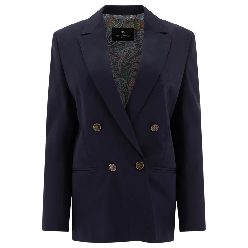 Etro Blazer Double-Breasted Cotton-Elastane Jacket With Paisle Blue